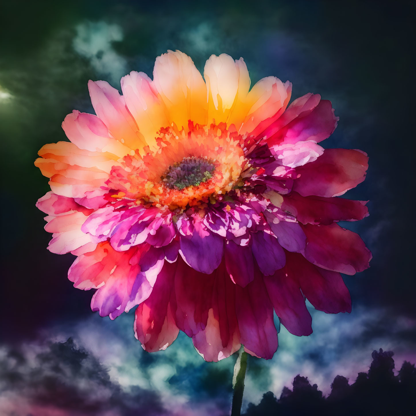 Vivid Yellow and Pink Gradient Flower on Dark Background