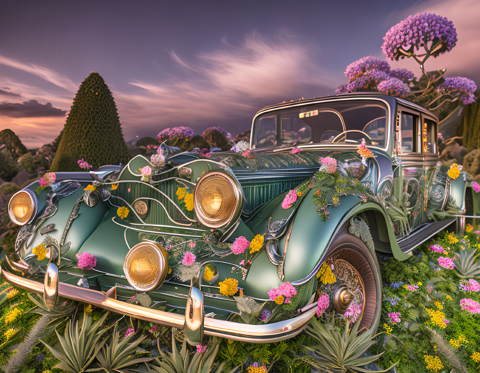 Vintage Car Covered in Flowers in Fantastical Garden with Colorful Sky