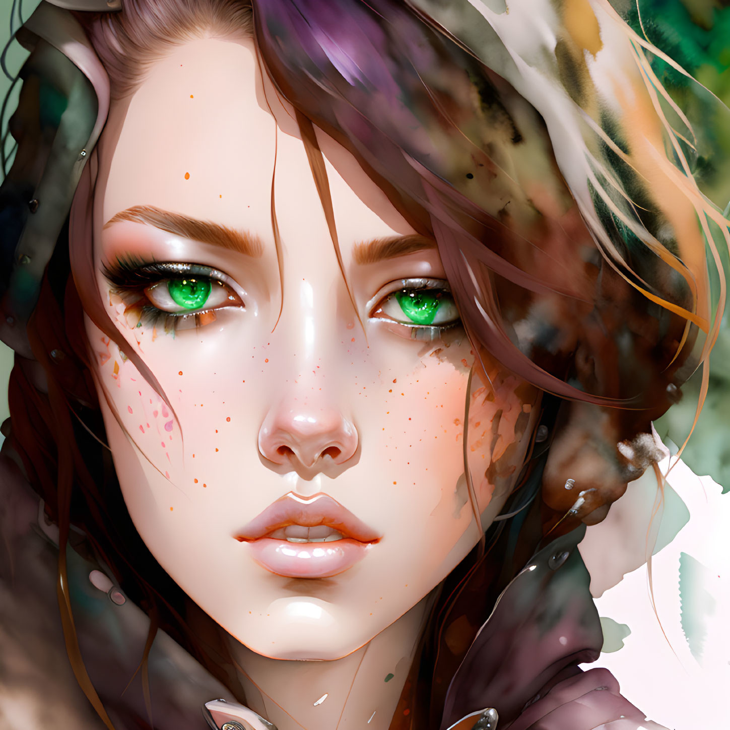 Vibrant green-eyed female character portrait with freckles & mixed natural-fantastical hair