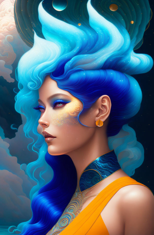 Digital artwork of woman with blue hair, orange dress, tattoos, celestial background