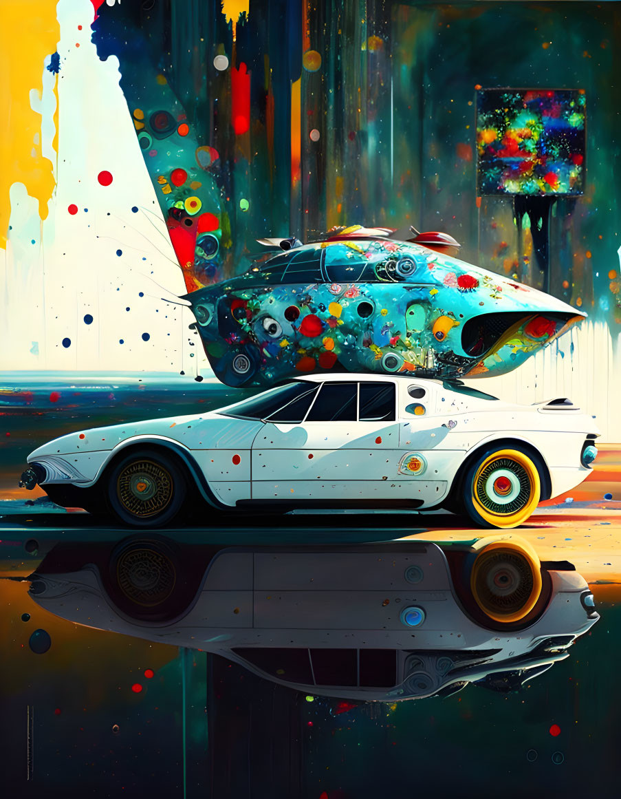 Colorful Surreal Painting of White Sports Car with Butterfly Wings