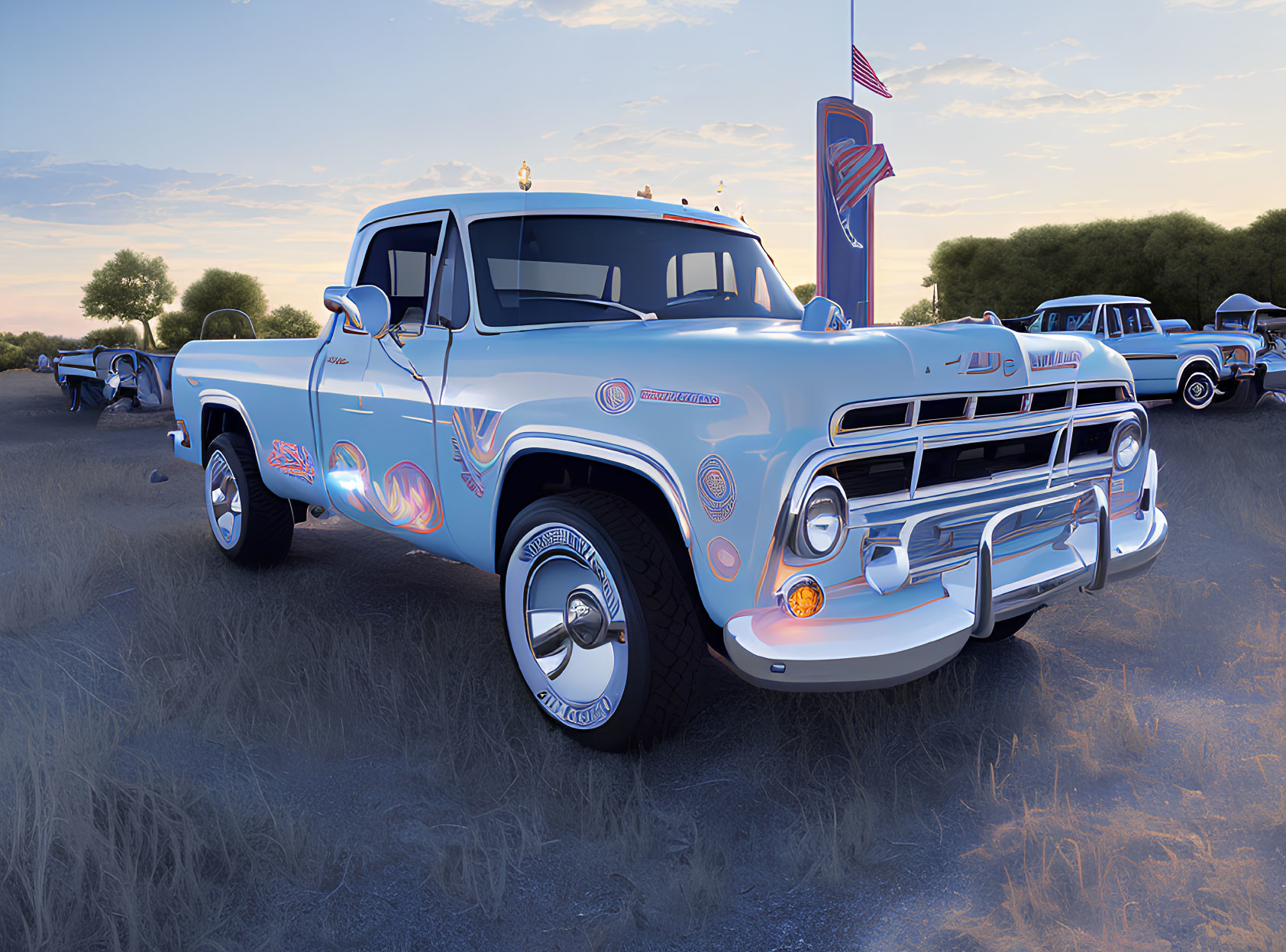 Vintage White Pickup Truck with Blue Neon Underglow at Twilight Car Show
