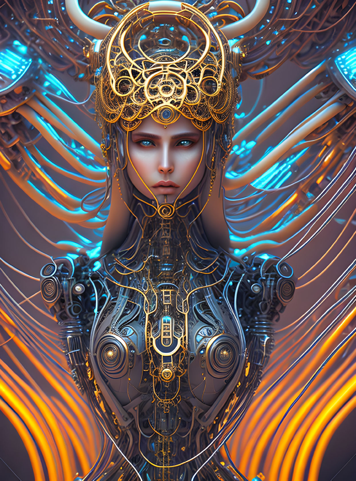 Futuristic female cyborg with golden headgear and glowing blue mechanical tendrils