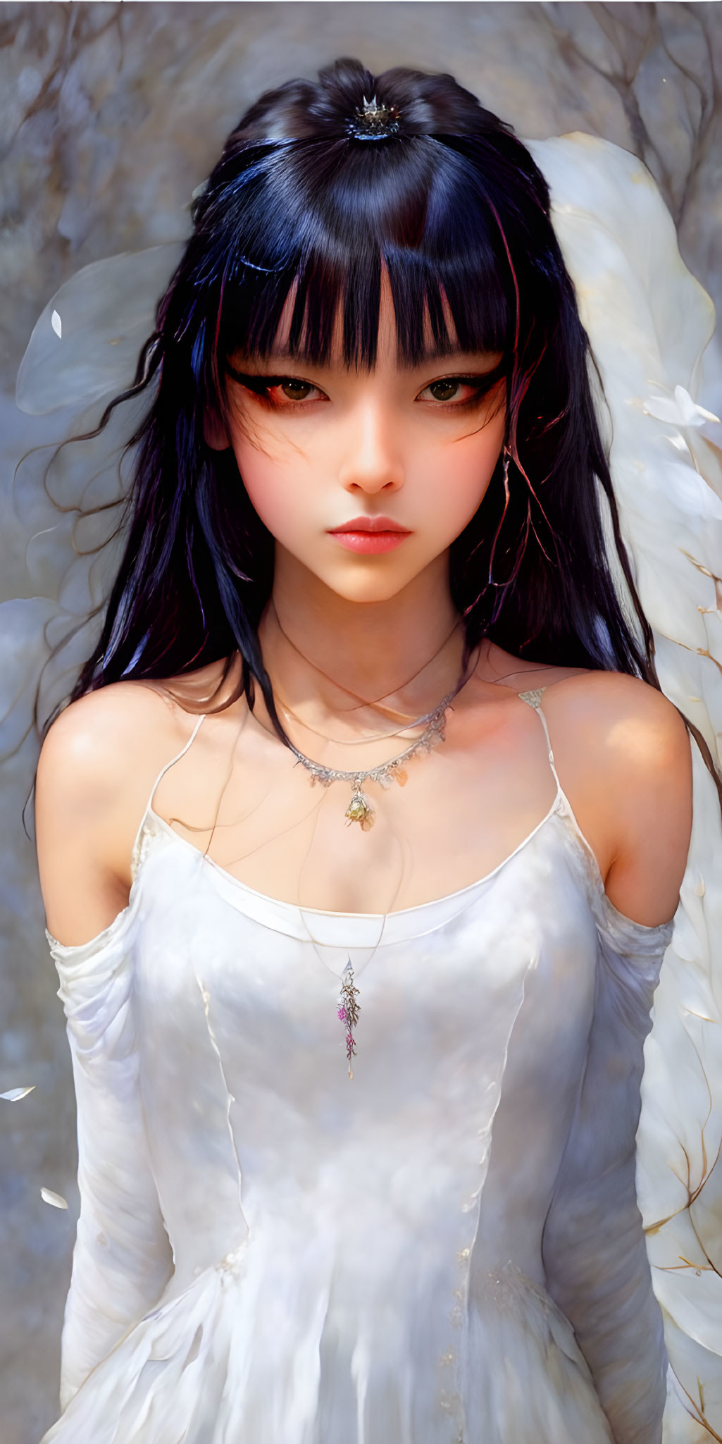 Digital artwork featuring female figure with dark hair, angelic wings, white dress, and intense gaze