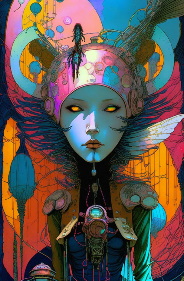 Vibrant futuristic female figure with elaborate headgear and wings on abstract background