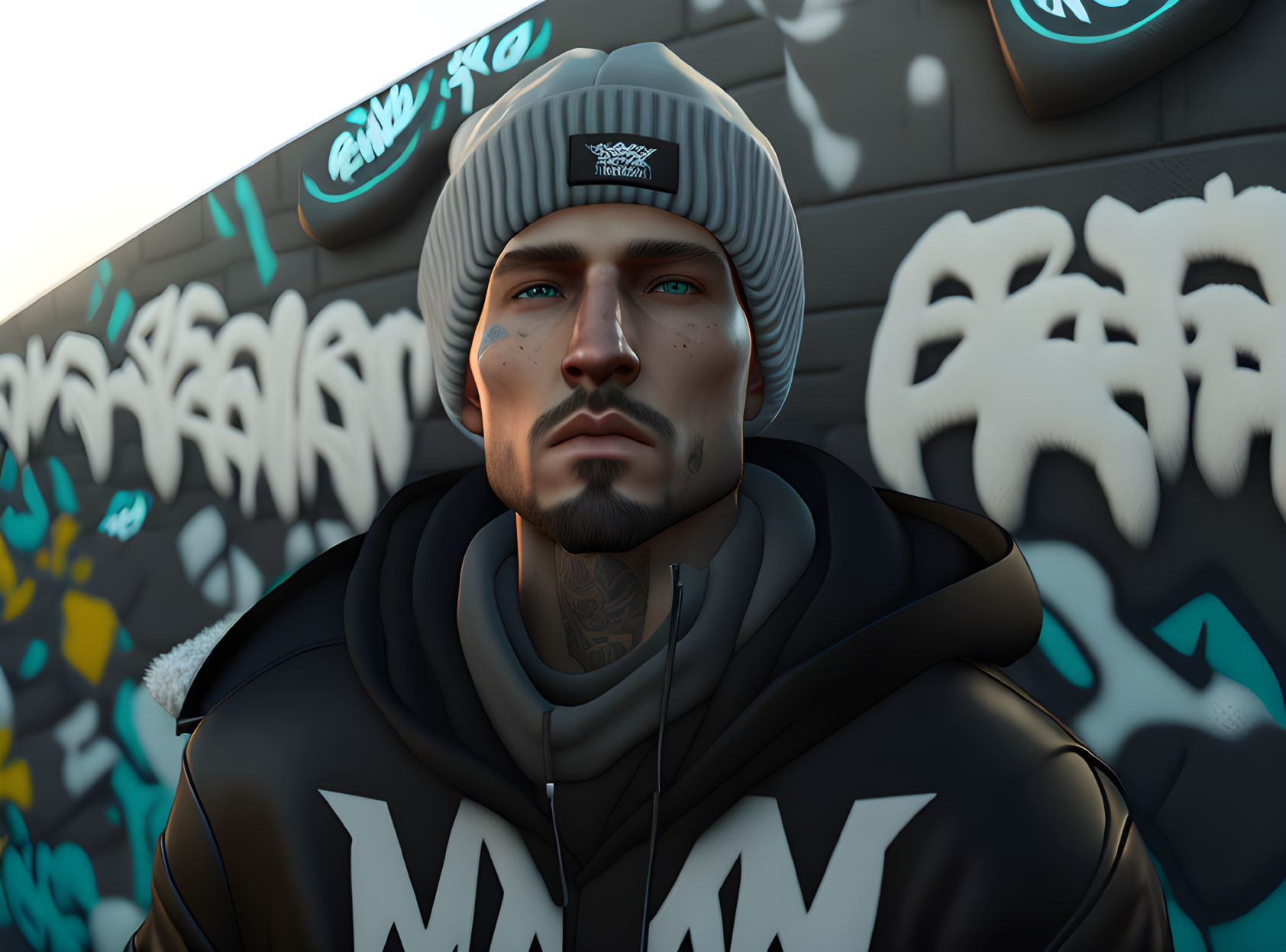 3D-rendered man with tattoos in beanie and hoodie by graffiti walls