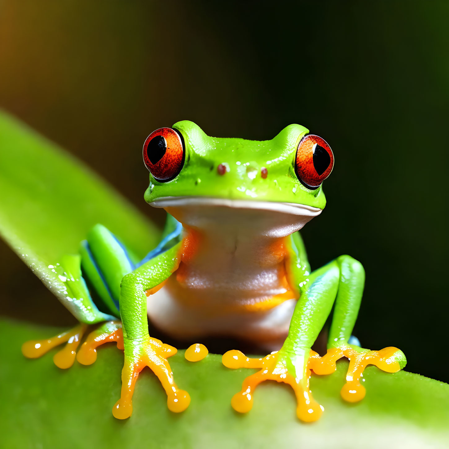 Colorful Frog with Red Eyes and Orange Feet on Leaf