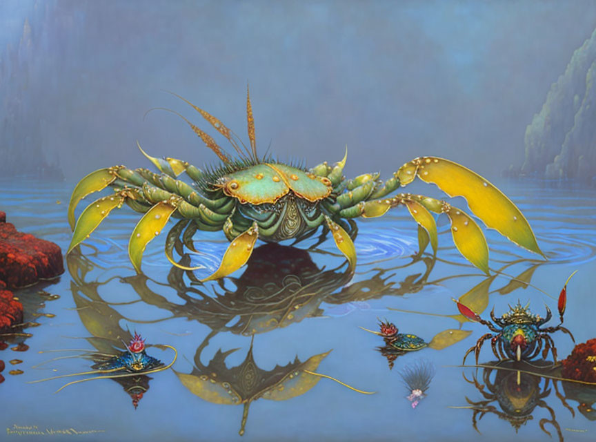 Large ornate crab painting with intricate patterns in serene marine scene