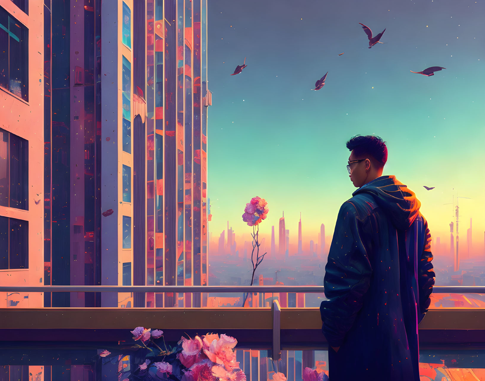 Futuristic cityscape at sunset with balcony view