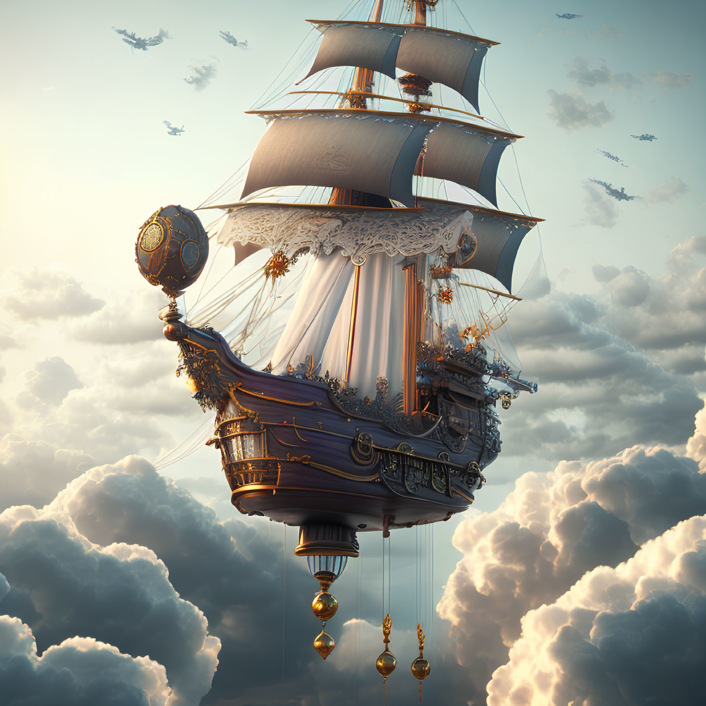 Ornate flying ship with golden embellishments in serene sky