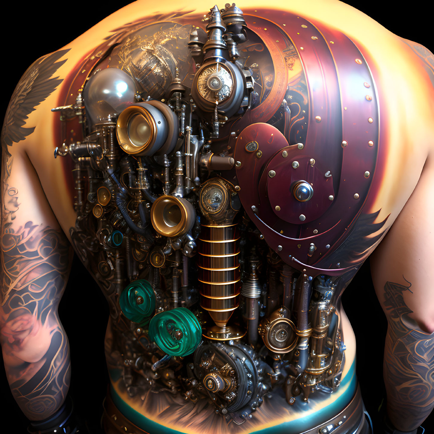 Steampunk-inspired person with mechanical upper body and skin tattoos