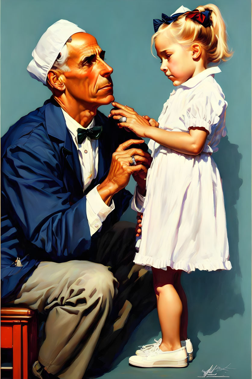 Elderly man in sailor hat listens to young granddaughter's story