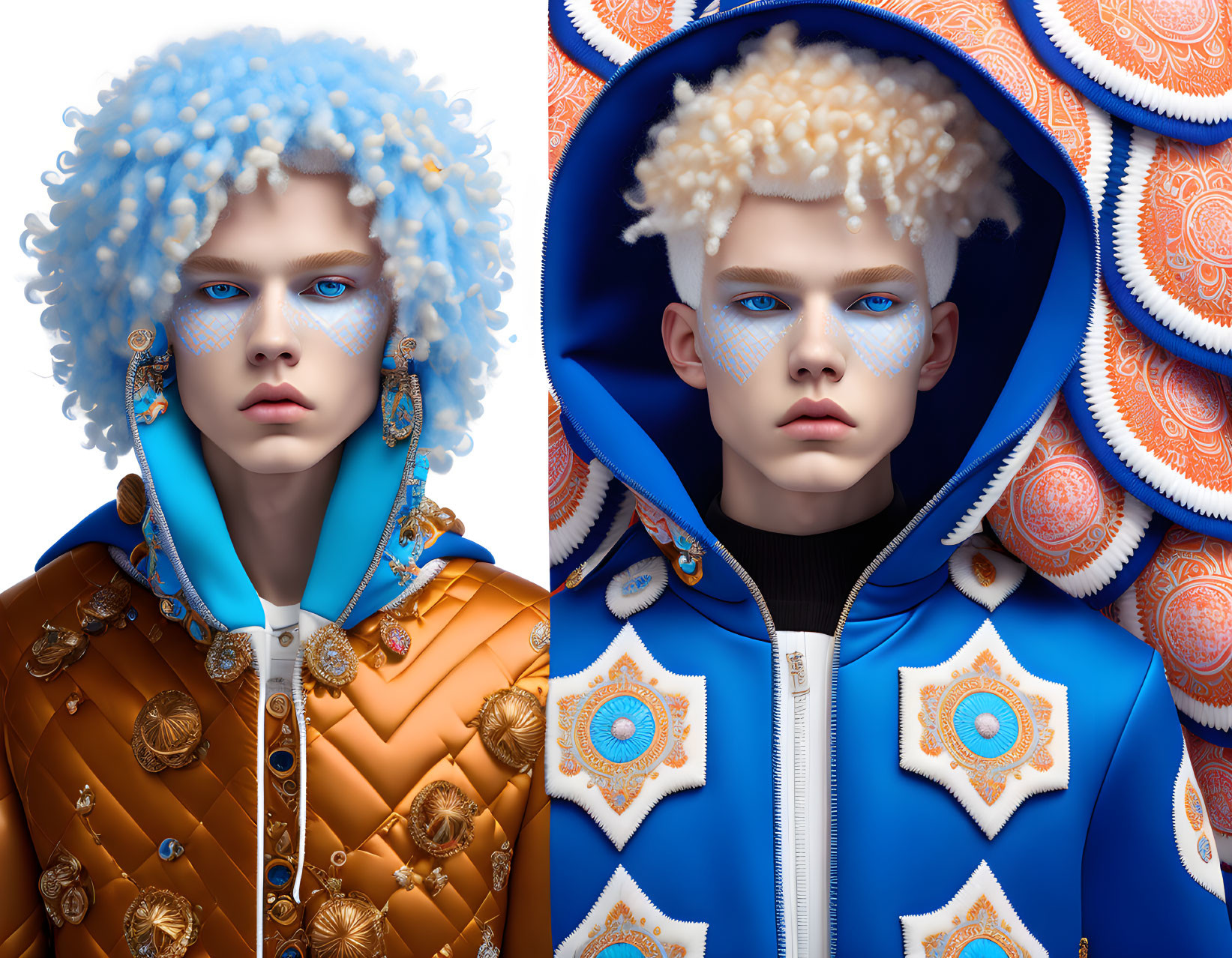 Styled curly hair models in artistic blue makeup, ornate orange and blue jackets on vibrant background.