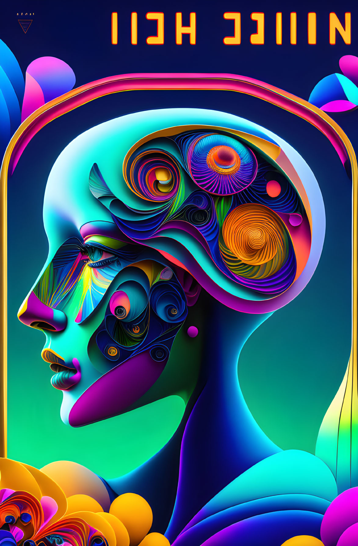 Colorful surreal digital artwork: Profile face with abstract brain-like patterns