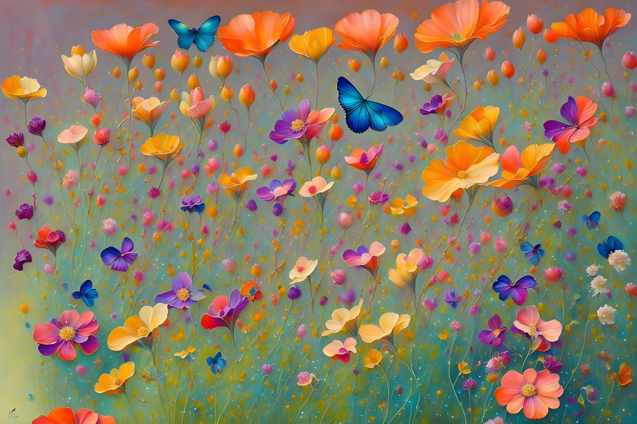 Colorful Flowers and Butterflies in Dreamy Field