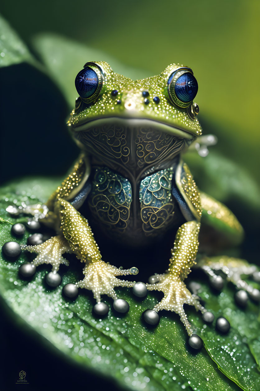 Fantasy frog with ornate skin and blue eyes on leaf with water droplets