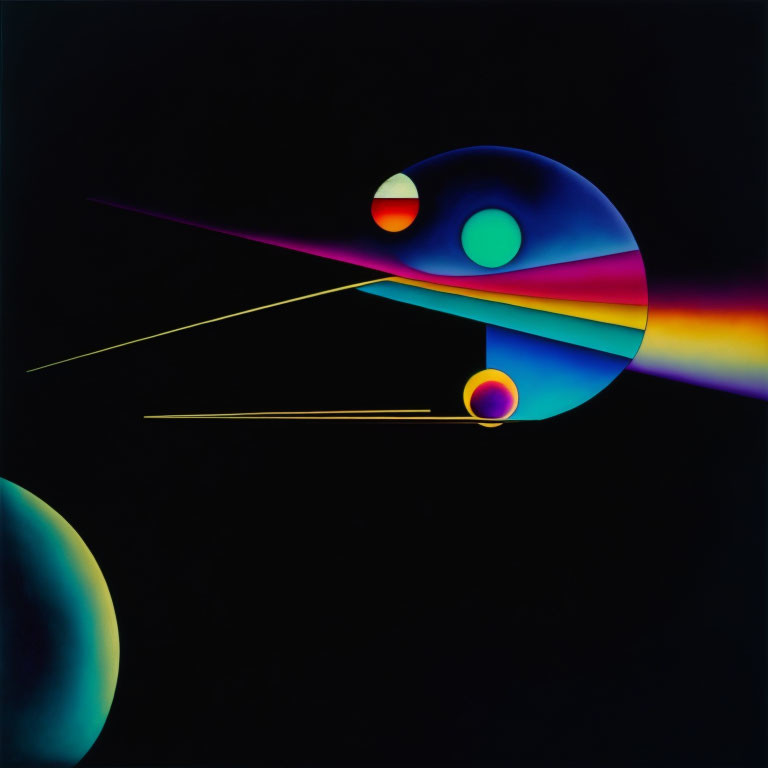 Colorful cosmic orbs and beams on black background: abstract space composition