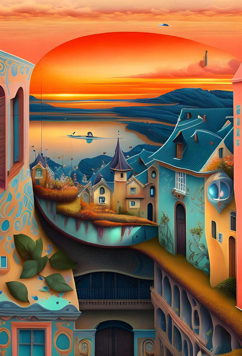 Colorful Coastal Townscape with Setting Sun and Floating Boats