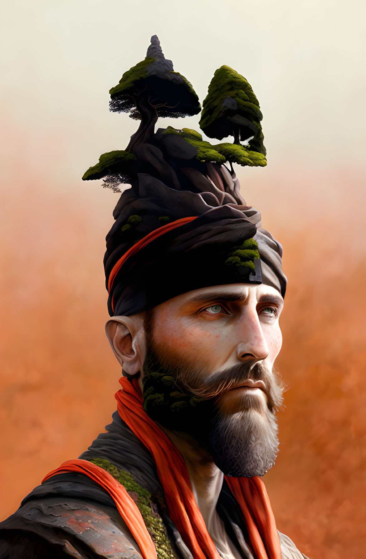 Bearded man in turban with miniature landscape on orange background