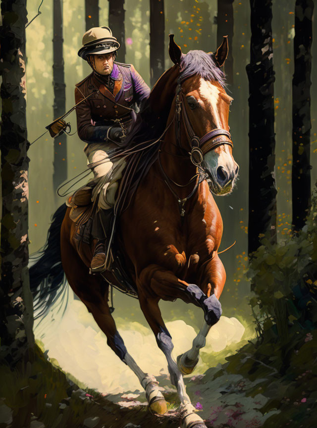 Person on horseback galloping in sunlit forest with tree shadows