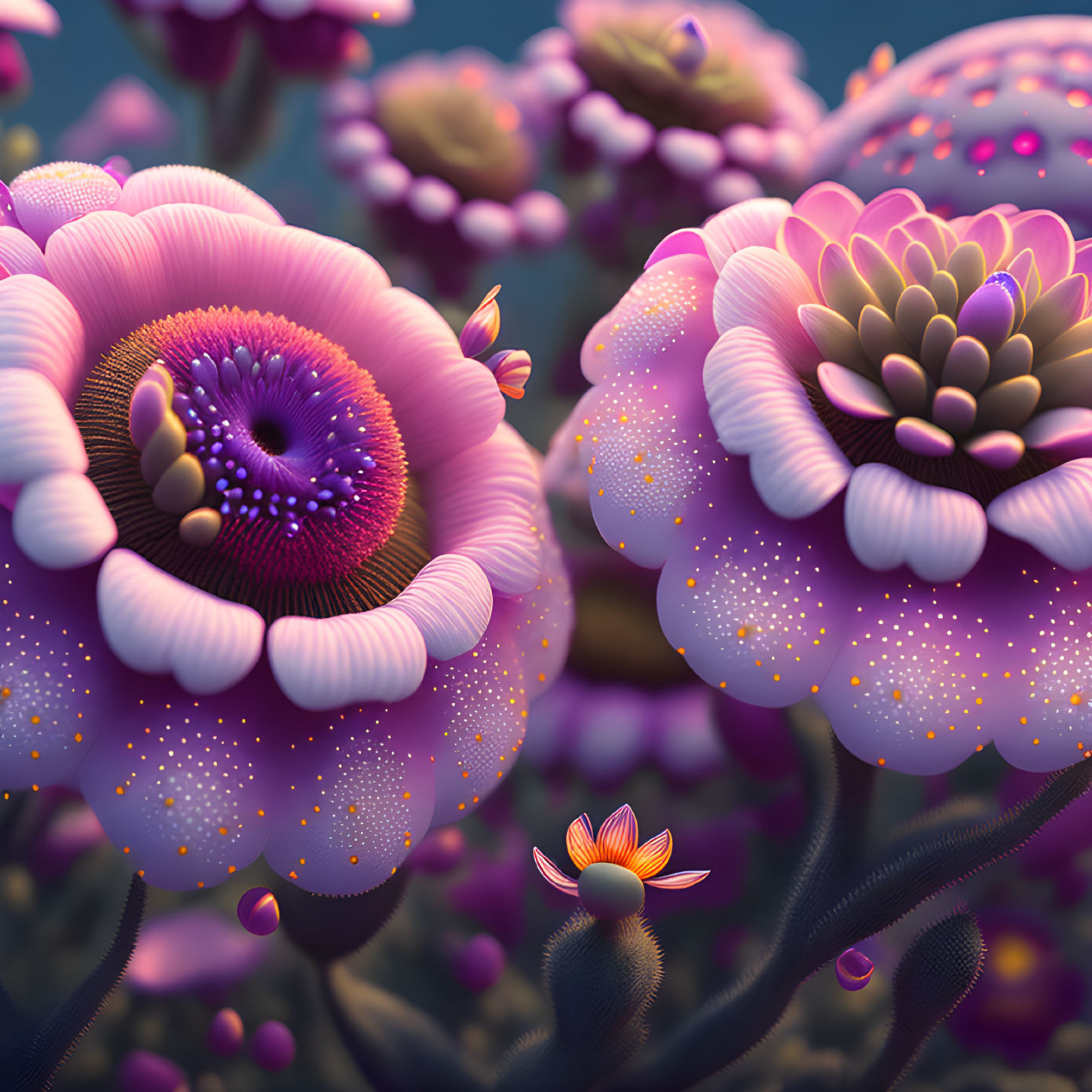 Vibrant surreal flowers with layered purple petals and whimsical floating elements