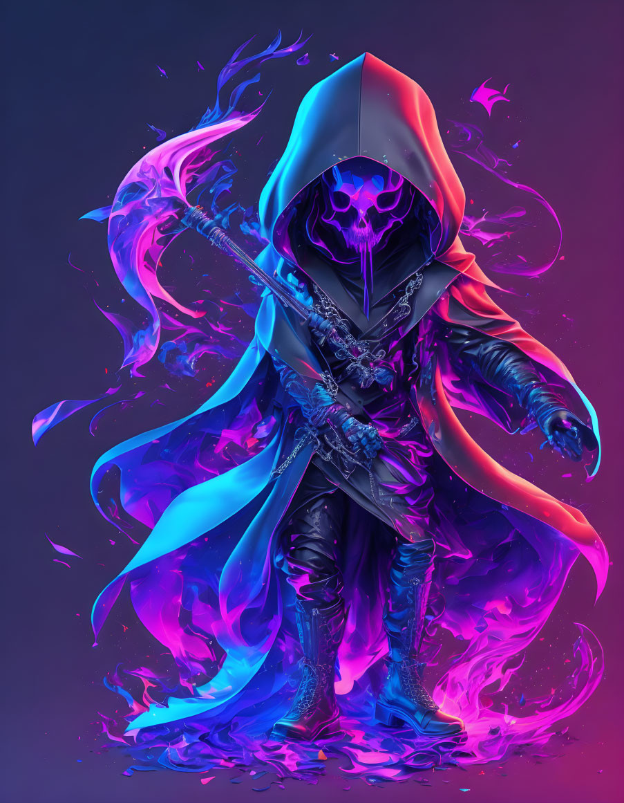 Detailed illustration: Hooded skeletal figure with swirling flames and staff