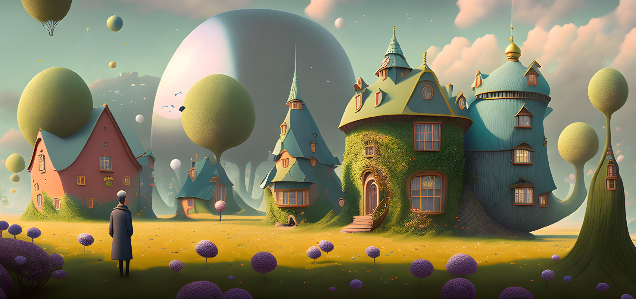 Colorful houses, floating balloons, surreal flora under a large moon