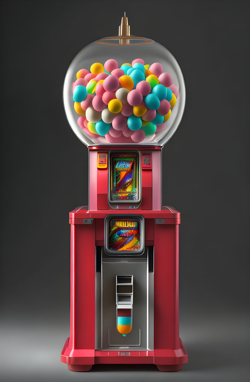 Colorful Vintage Gumball Machine with Multicolored Balls on Grey Background