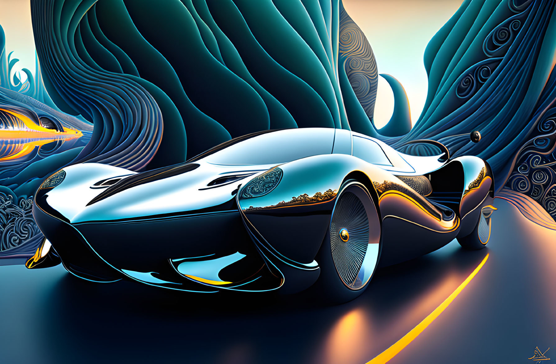 Futuristic car on abstract blue and orange background