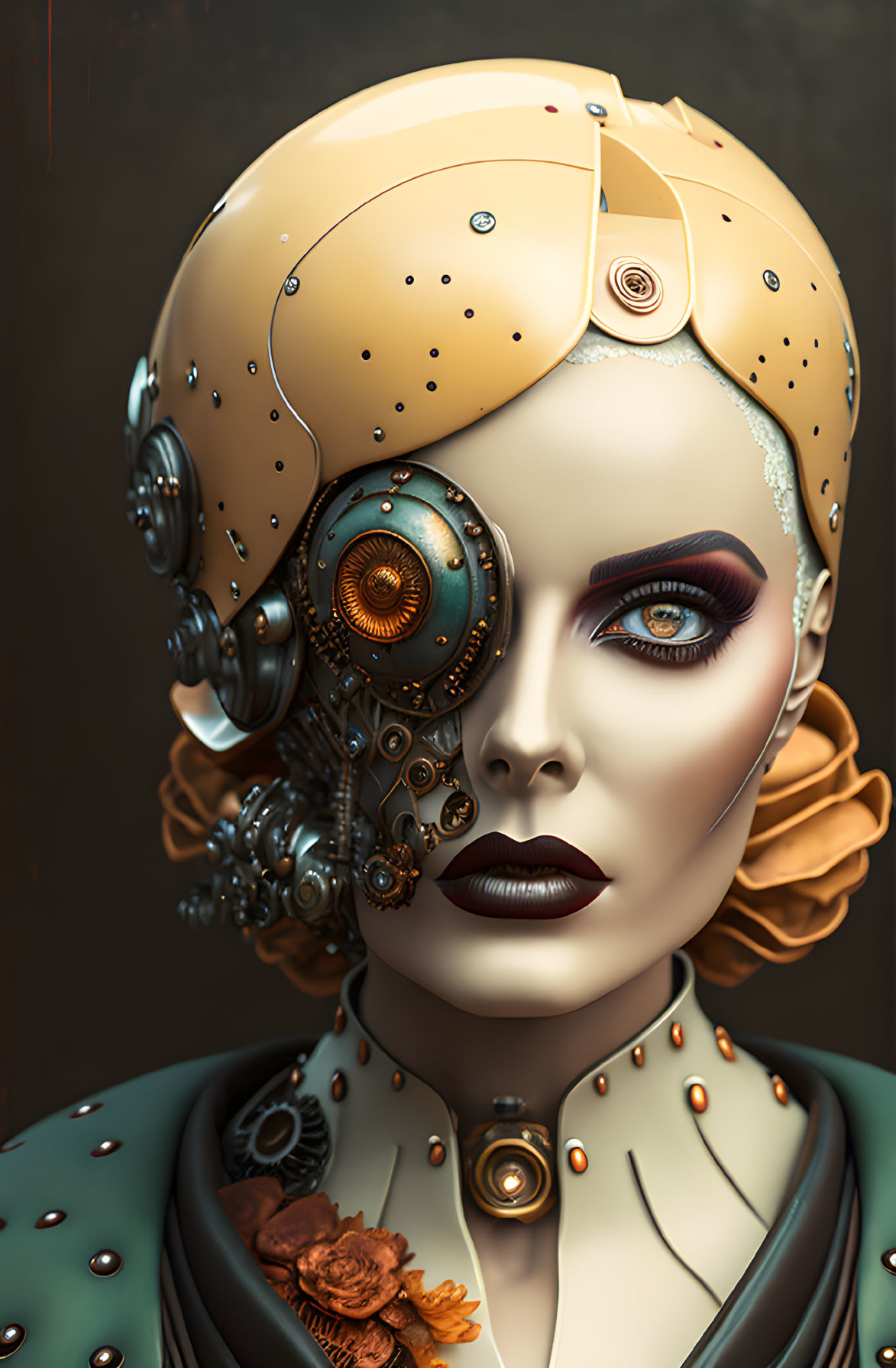 Futuristic female figure with steampunk-style mechanical parts and ornate collar on dark background