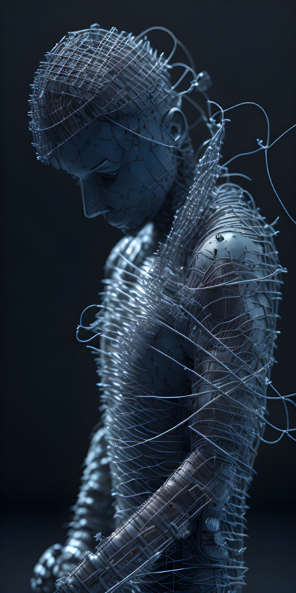 Wireframe humanoid digital artwork with intricate mesh details on dark background