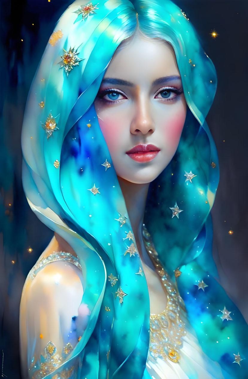 Digital artwork: Woman with radiant blue hair and golden stars in mystical setting