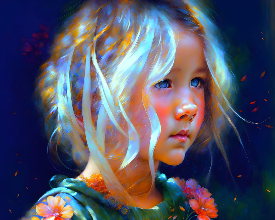 Vibrant artwork: Young girl with blue eyes and blond hair on dark blue background.