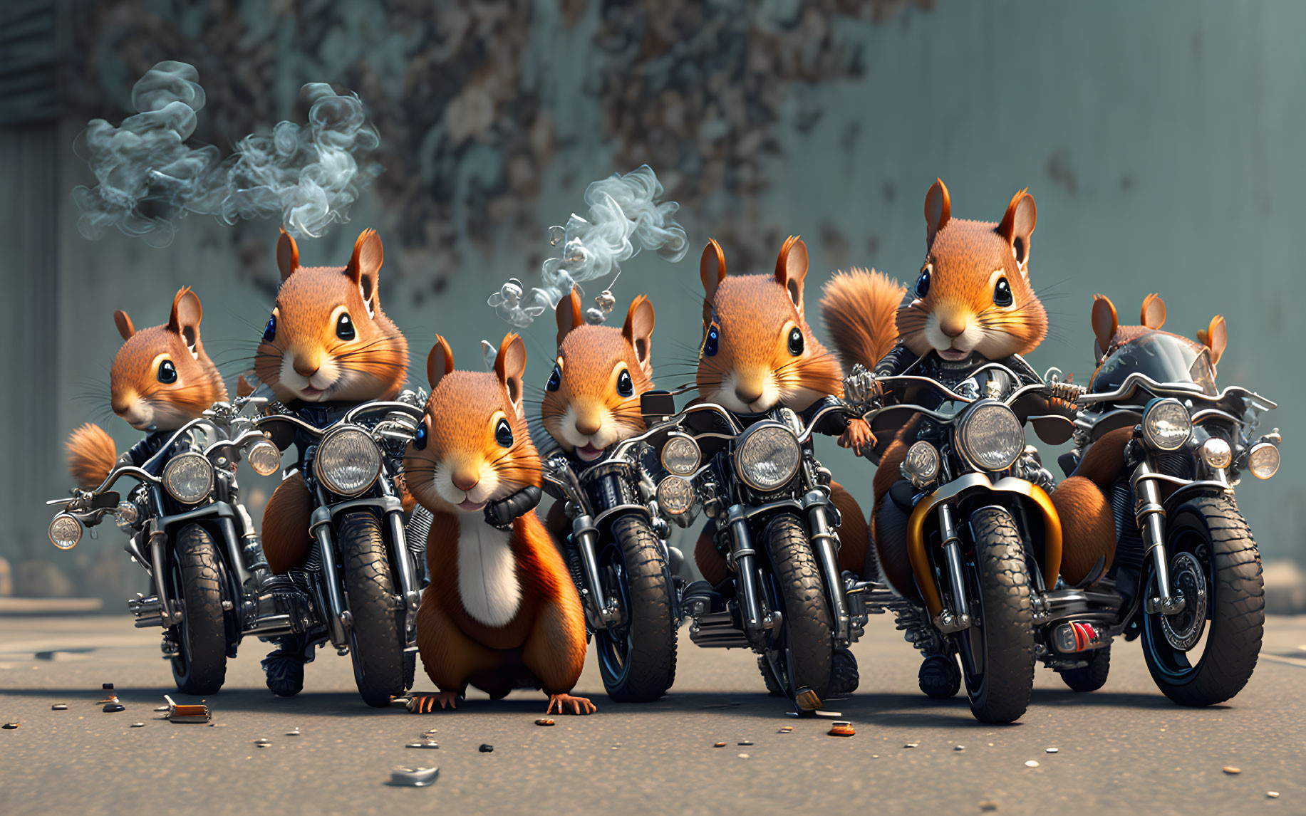 Animated squirrels on motorcycles with smoke, in rebellious pose