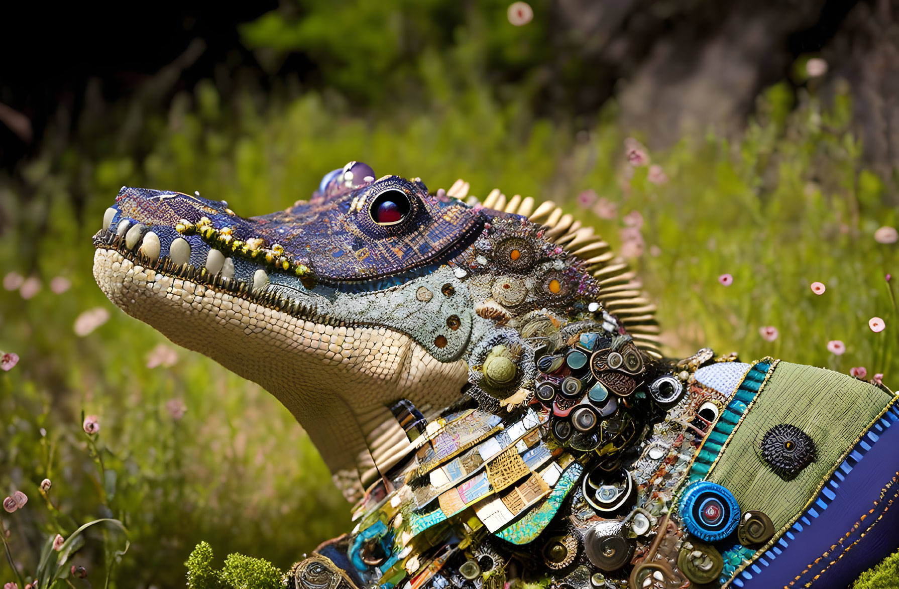 Colorful lizard sculpture with mechanical elements on green background.