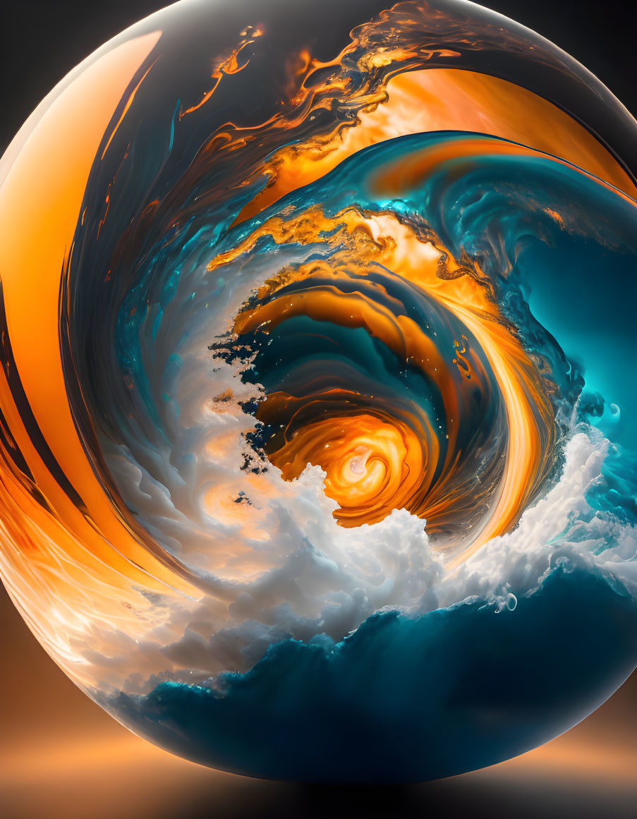 Surreal glossy orb with swirling orange, blue, and white patterns on dark background