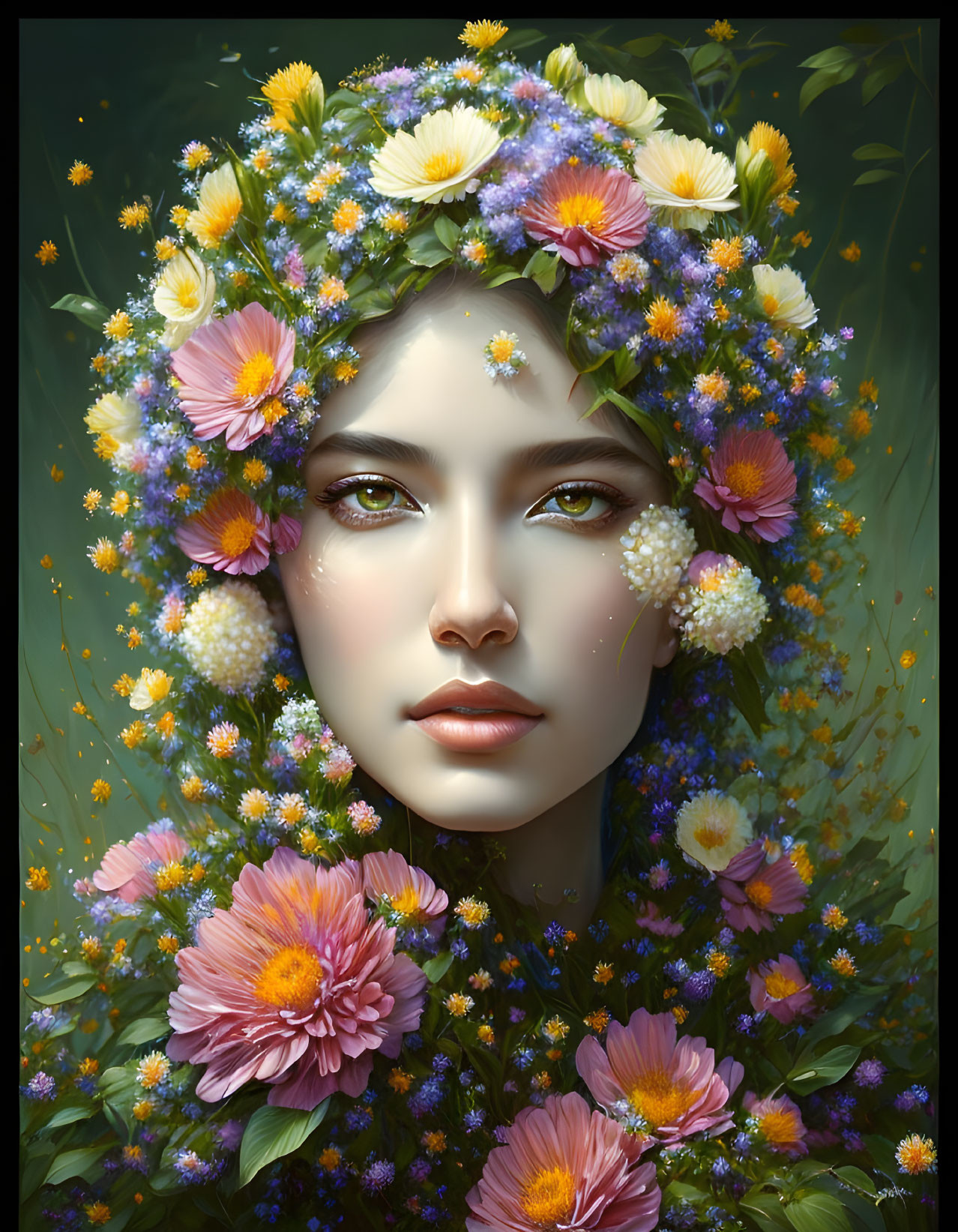 Digital portrait of woman with serene expression and floral wreath in colorful flower setting