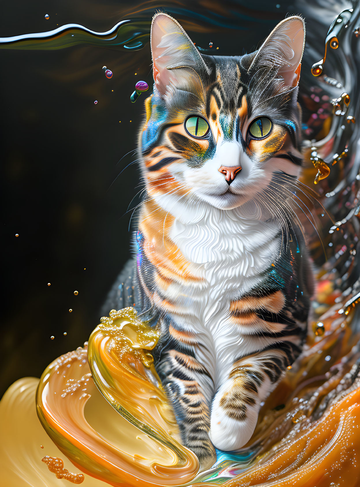 Colorful digital artwork featuring a cat with multicolored fur in a water-themed setting