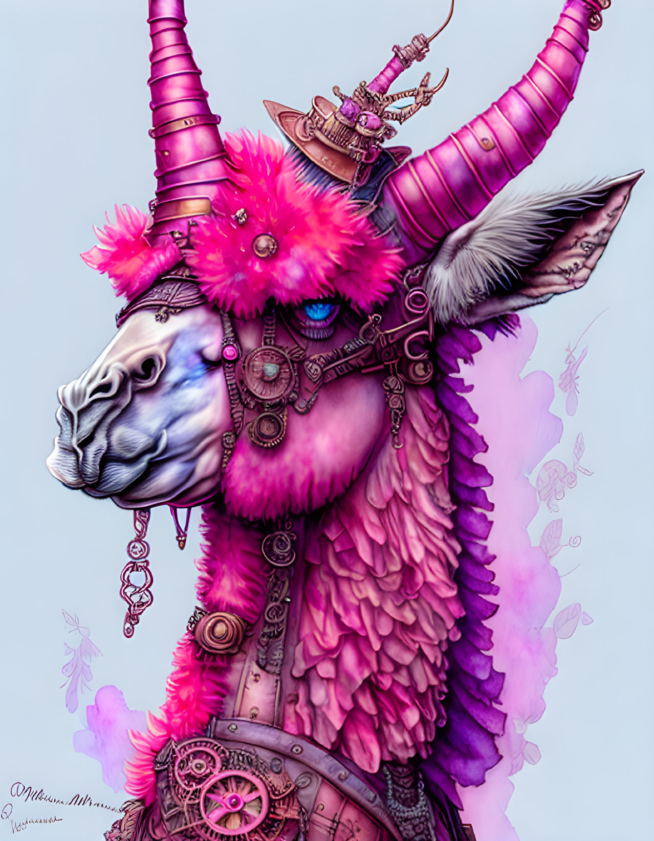 Steampunk-inspired llama illustration with vibrant colors & mechanical elements