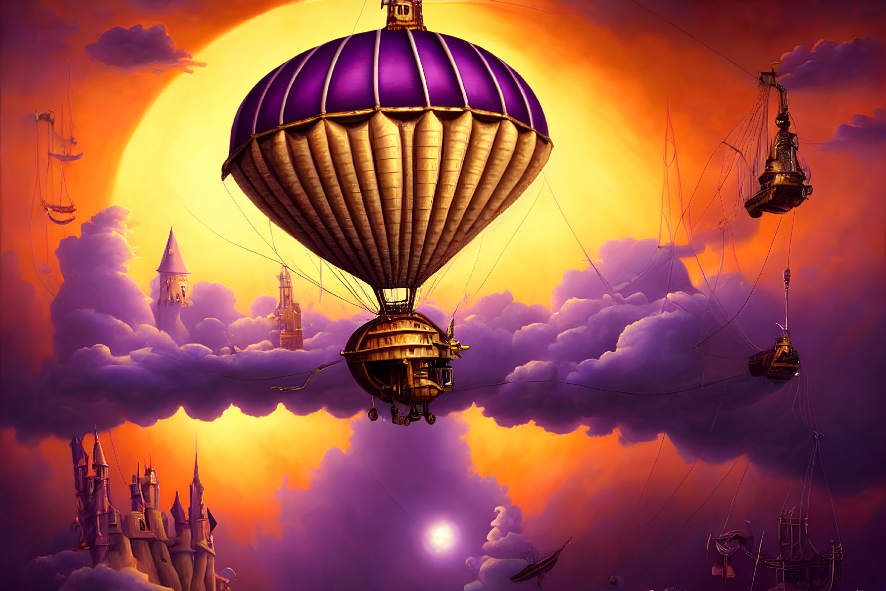 Purple hot air balloon in fantasy sky with clouds, castles, and ships