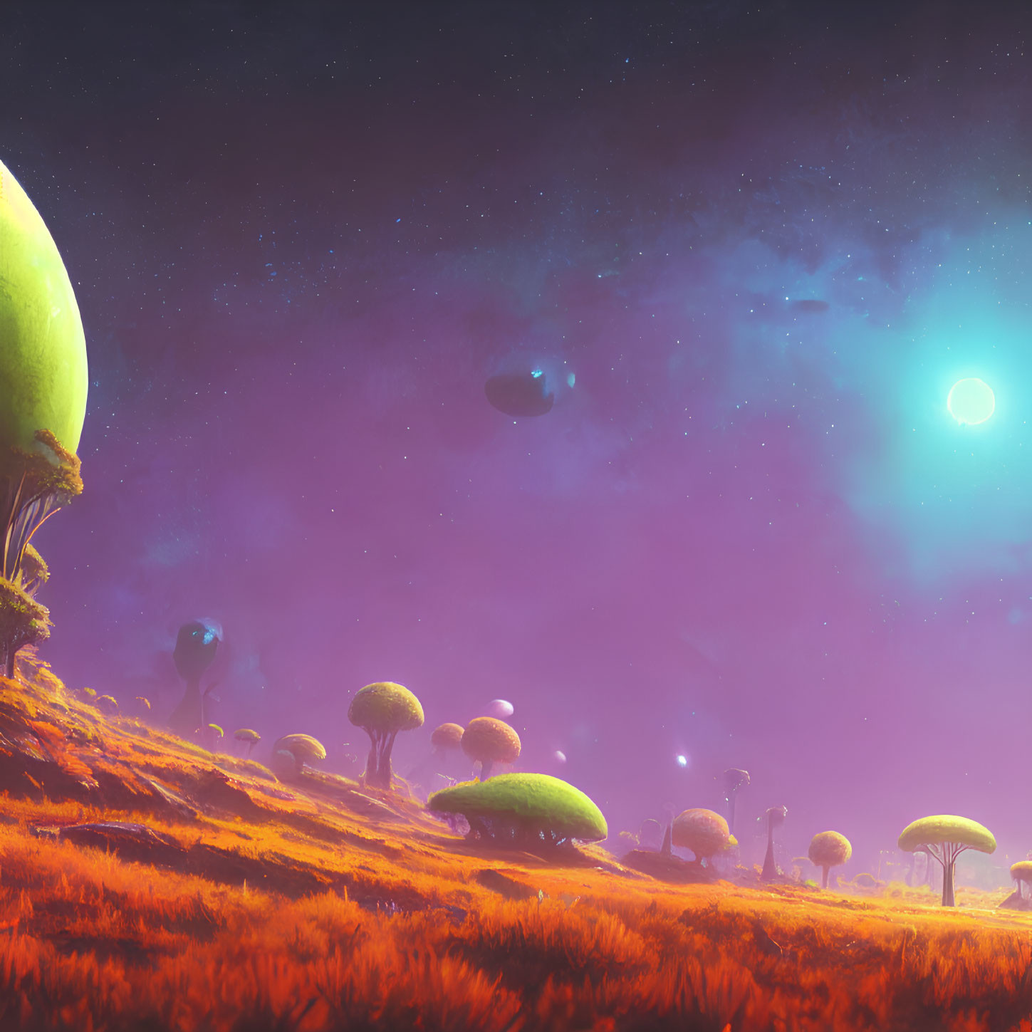 Colorful alien landscape with mushroom-like plants under starry sky