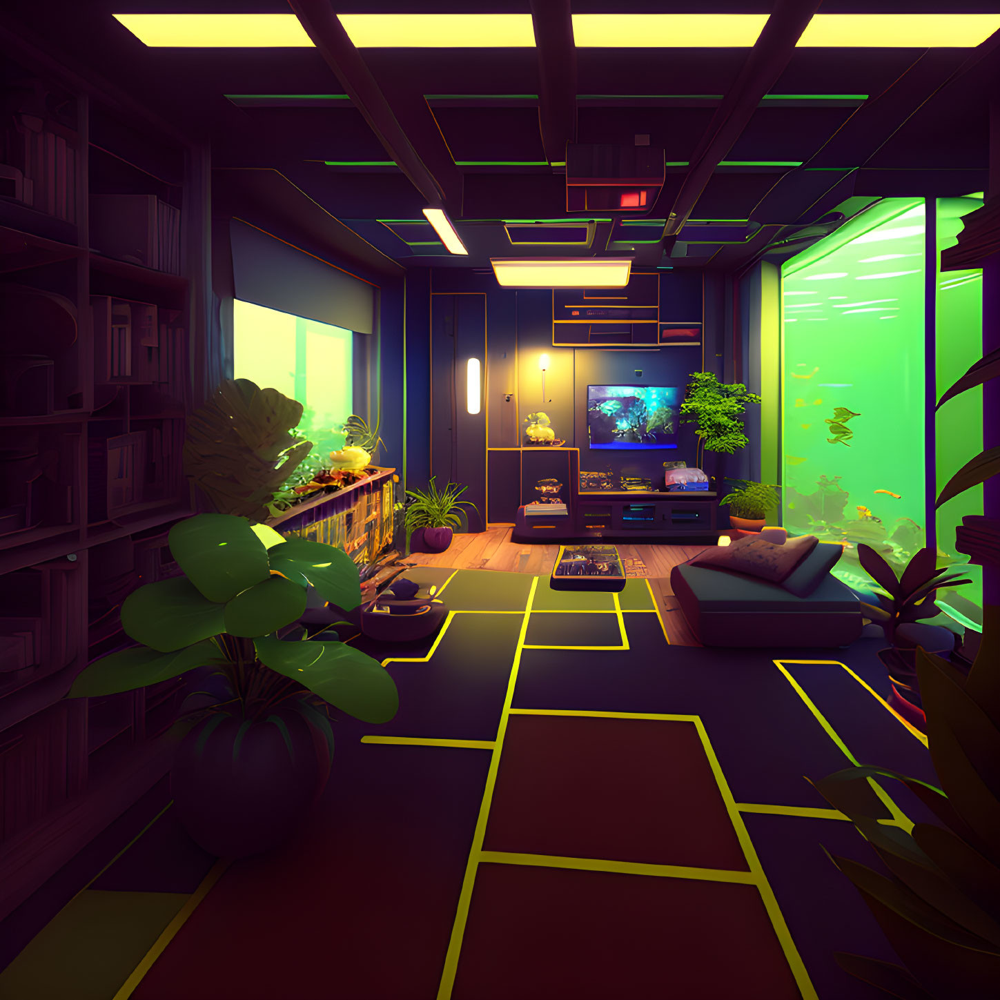 Neon-lit room with aquarium wall, bookshelves, seating, TV, and lush plants