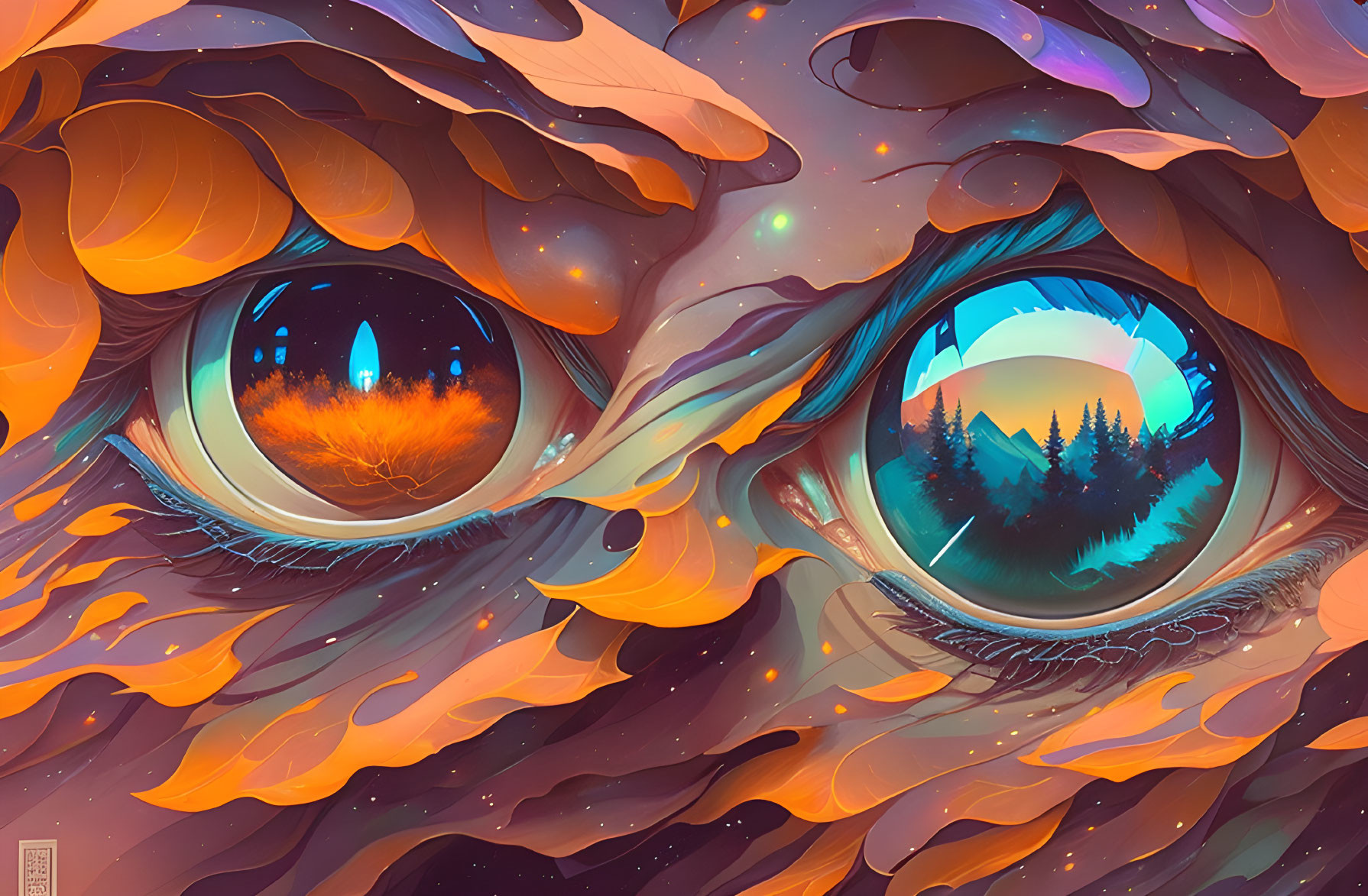 Detailed digital illustration of two eyes reflecting fantastic landscapes in vibrant colors.