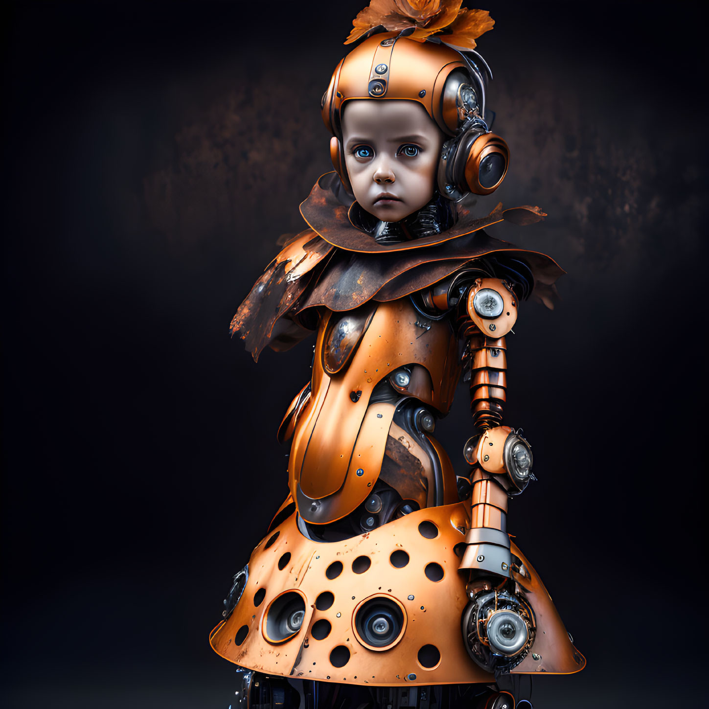 Detailed child-like robot with ornate copper and black design and expressive eyes