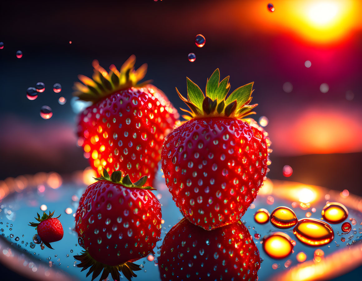 Fresh strawberries with water droplets on reflective surface at sunset