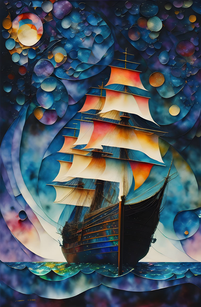 Colorful tall ship sailing on sea with bubbles and celestial bodies.