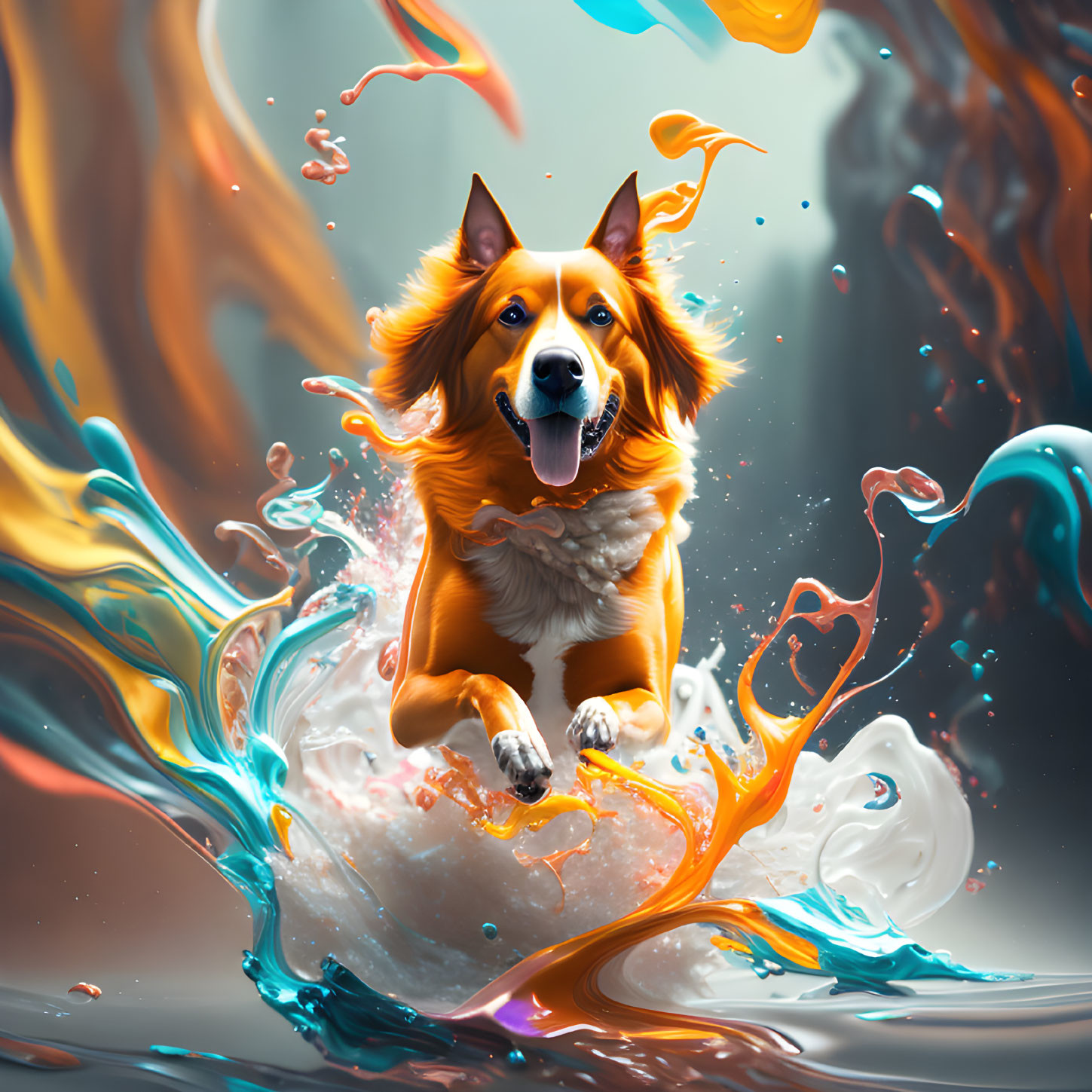 Colorful Liquid Swirls Surround Joyful Leaping Dog