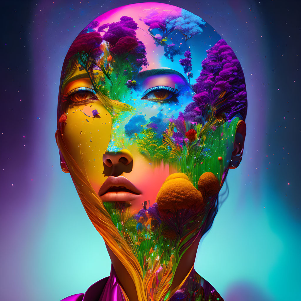 Surreal humanoid portrait with vibrant landscape and flora against multicolored backdrop