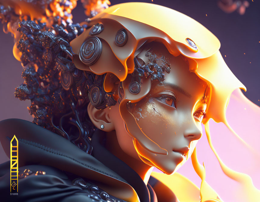 Digital art portrait: humanoid figure with mechanical features in orange-yellow tones, surrounded by ethereal flames.