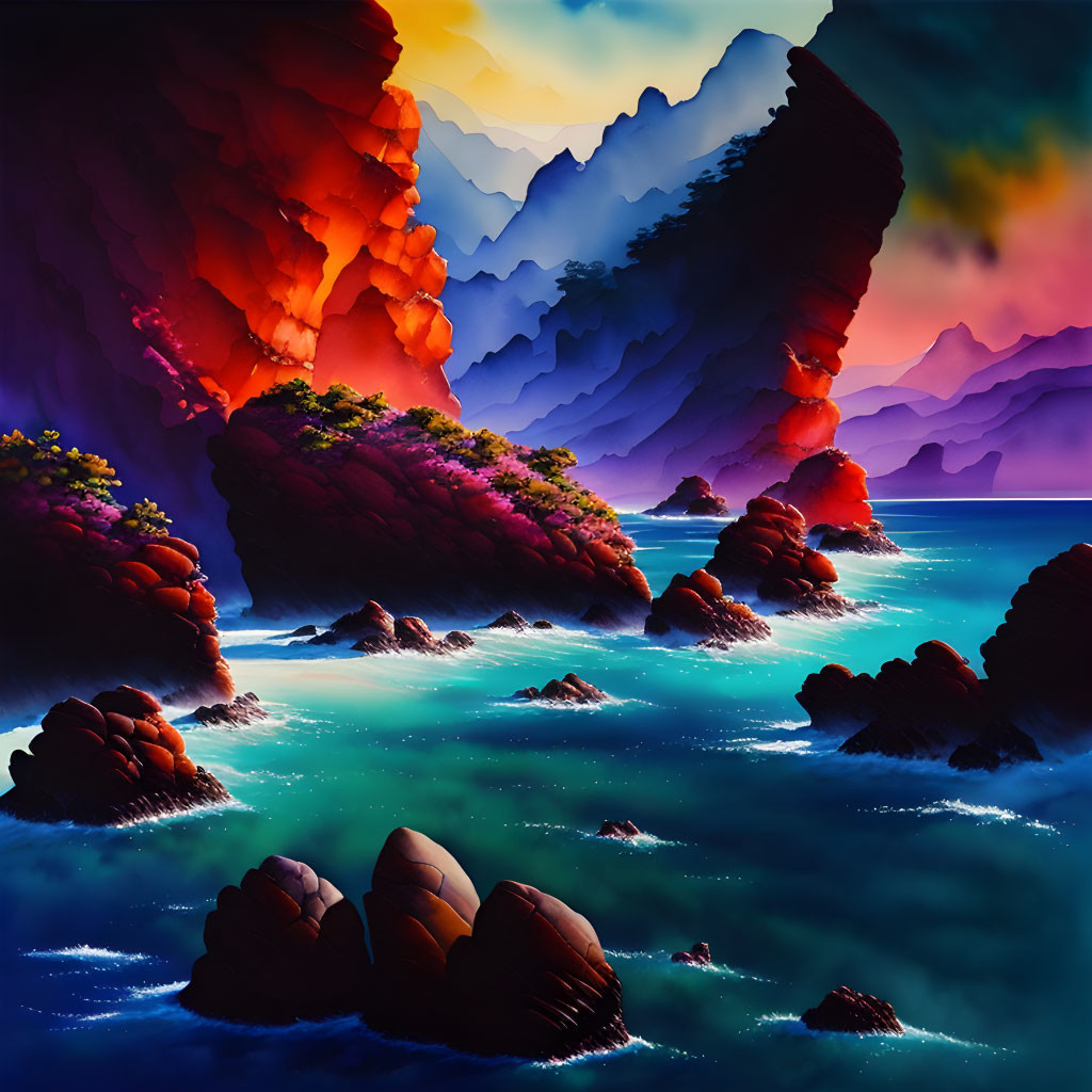 Colorful Coastal Landscape: Vibrant Digital Artwork with Luminous Waters and Dramatic Sky